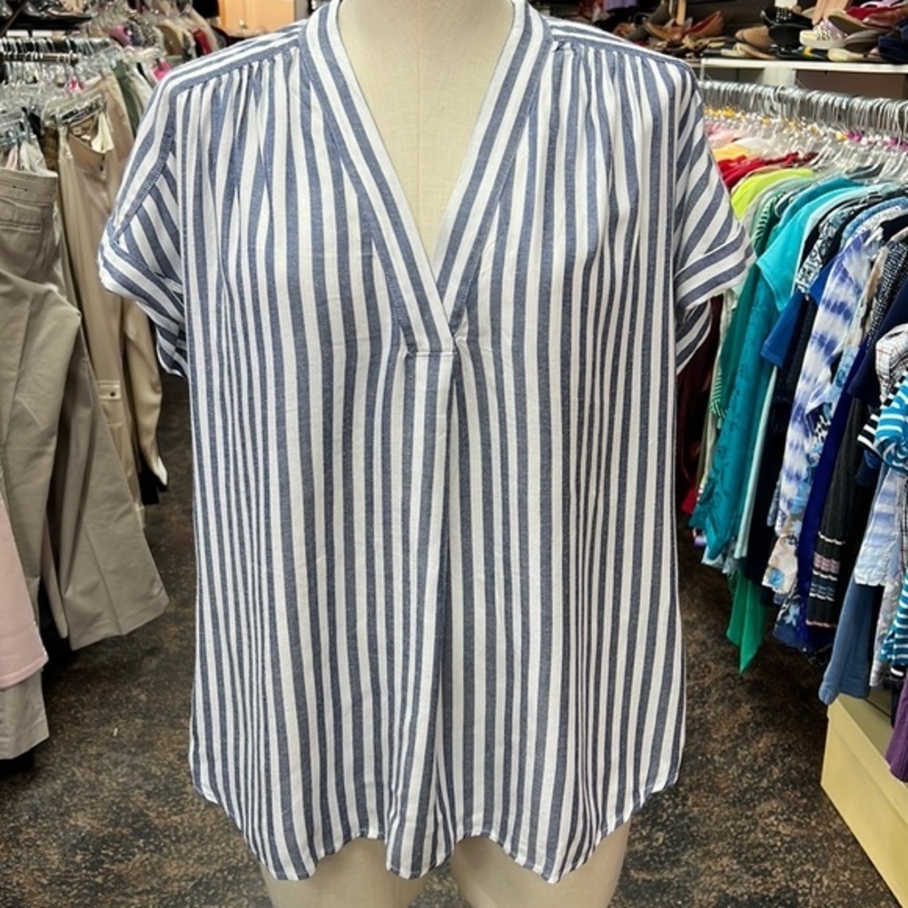 NWT GAP Blue White Striped Roll Cuff Blouse Size L